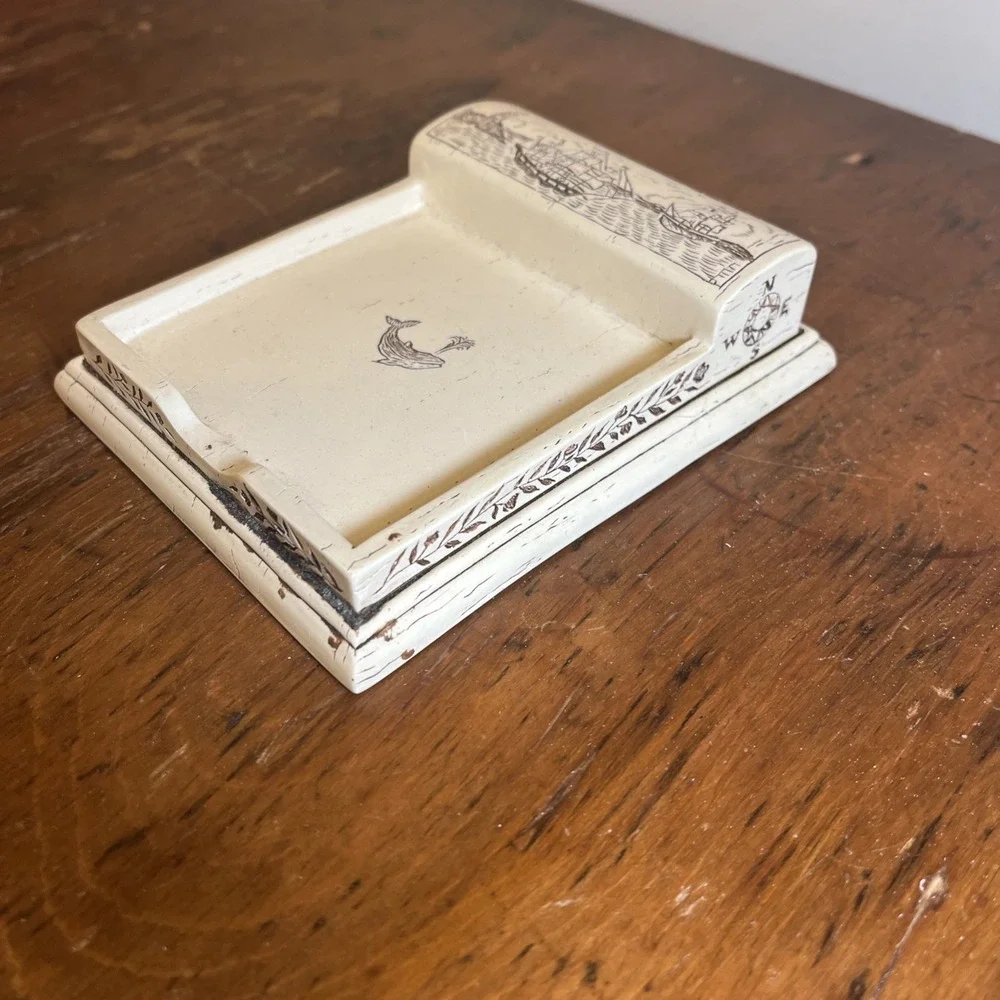 Vtg Sea Sail Boat Lighthouse Sperm Whale Faux Scrimshaw Notepad Holder Post-it